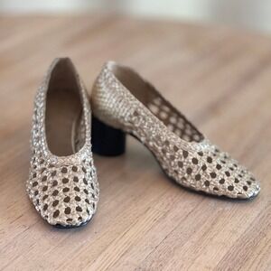 Pilcro Woven Ballet Heels Gold Metallic Leather Block Heel Pumps Womens 37